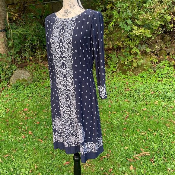 Chaps blue and white bandanna patterned long sleeve knee length dress - Picture 6 of 6